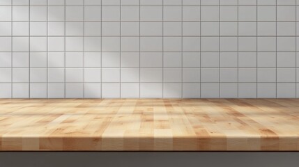 Poster - A wooden countertop with a white tile wall behind it