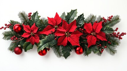 Poster - Christmas decoration. Frame of flower of red poinsettia, branch christmas tree, christmas ball, red berry on a white background with space for text. Top view, flat lay