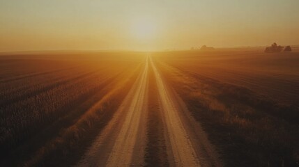 Poster - Dusty country road winding through rural landscape at sunset with warm golden hues illuminating the horizon