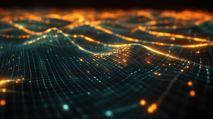 Leinwandbilder - An intricate abstract digital landscape filled with glowing orange and teal lights flowing across a deep, dark background