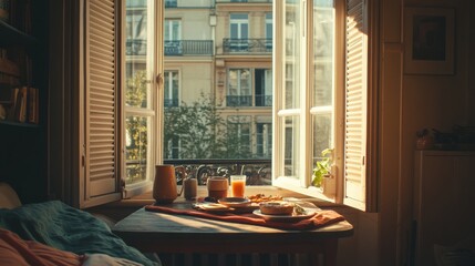 Poster - A sunny morning view from a cozy French apartment with an inviting breakfast spread on the table