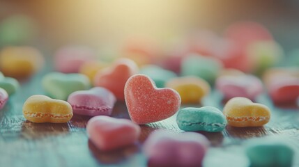 Poster - Colorful heart-shaped candies scattered on a wooden surface, capturing a lively and cheerful atmosphere during a festive celebration