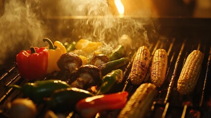 Aufkleber - Colorful vegetables roasting on a grill at twilight, enhancing flavor and aroma for a perfect summer barbecue