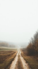 Poster - A winding dirt road vanishes into the misty landscape of a tranquil countryside at dawn