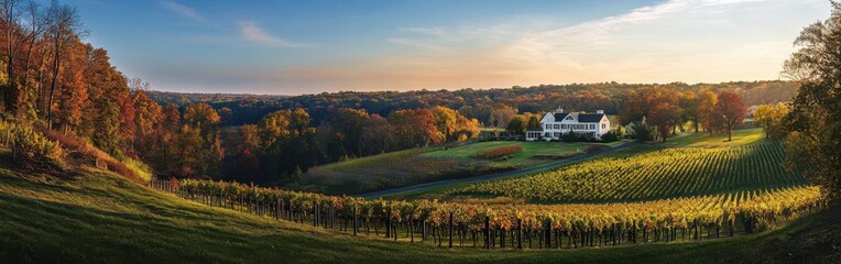 Poster - A breathtaking panorama of the Brandywine Valley showcasing vineyards, a historic house, and vibrant autumn colors during sunset