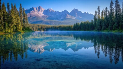 Poster - A tranquil morning view of a mountain range reflected in a crystal-clear lake surrounded by lush evergreens