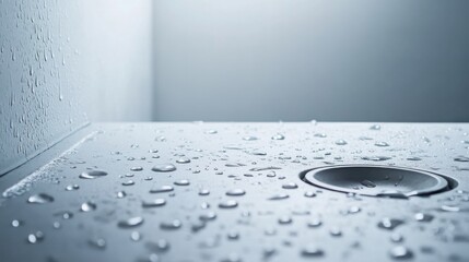 Poster - Water droplets collecting on a smooth flat surface near a drain in a minimalist interior environment during daytime