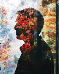 Poster - A reflective portrait of a person gazing thoughtfully while surrounded by vibrant autumn leaves in an urban setting