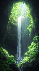 Poster - Tranquil view of Ruby Falls cascading through lush greenery with sunlight breaking through at midday