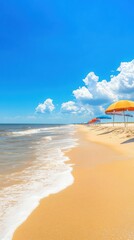 Aufkleber - A sunny day at a tropical beach with golden sand, gentle waves, and colorful umbrellas against a clear blue sky