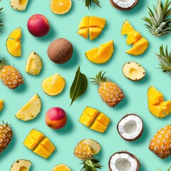 Poster - A colorful seamless pattern featuring various tropical fruits against a light blue background, showcasing their vibrant textures and shapes