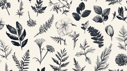 Poster - A seamless hand-drawn botanical pattern featuring diverse plant illustrations on a light background