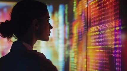 Poster - scientist analyzing data on a digital screen in a modern research lab during evening hours