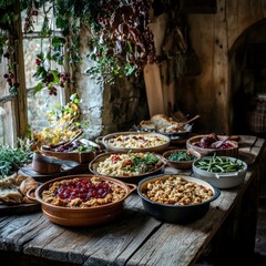 Poster - A rustic kitchen adorned with a wooden table filled with vibrant, freshly prepared dishes in a cozy, inviting atmosphere