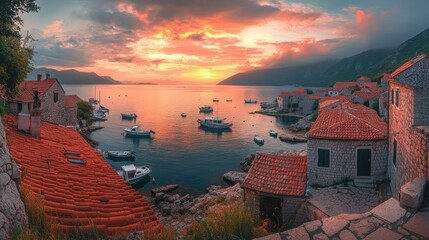 Aufkleber - A serene sunset over the coastal village in Montenegro with charming homes and boats reflecting on the calm water