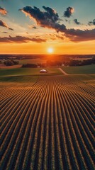 Poster - Breathtaking sunset view over rolling farmland along a scenic highway during golden hour
