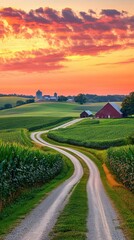 Poster - A winding country road through lush fields at sunset with a rural farmhouse and silos in the background