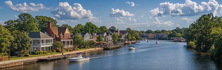 Poster - A serene view of the charming riverside town during a sunny day with boats cruising along the calm waters