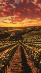 Poster - Golden sunset over lush vineyards with a rustic barn in the distance, showcasing the beauty of nature in the countryside