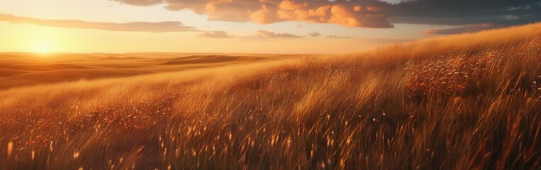 Poster - Golden sunlight gently falls over the rolling prairies, showcasing the beauty of nature at dusk