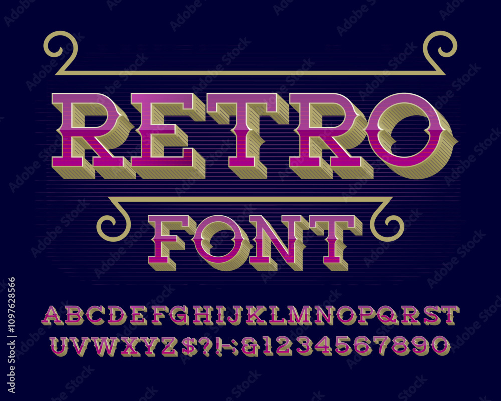 Retro Alphabet font. 3D effect ancient letters and numbers for label ...