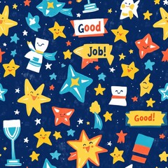 Poster - A cheerful pattern featuring bright stars, trophies, and encouraging phrases against a vibrant blue background