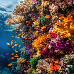 Poster - Breathtaking coral wall teeming with colorful marine life under clear blue waters in a vibrant underwater ecosystem