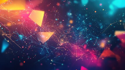 Poster - A vibrant, futuristic abstract background featuring colorful floating shapes and a dazzling network of connected points emanating energy