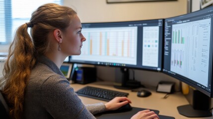 Poster - A focused woman working diligently at a dual monitor workstation while analyzing data in a modern office setting
