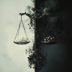 Poster - A vintage scale with flowers balances nature and darkness in a unique double exposure art piece