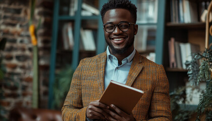 Poster - Businessman with cheerful smile engaging with book cozy cafe portrait photography inviting atmosphere upbeat concept for inspiring professionals