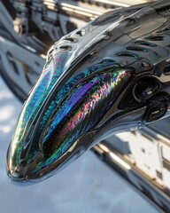 Poster - A detailed close-up of an alien-designed spacecraft showcasing intricate metallic textures and iridescent color patterns against a cosmic backdrop