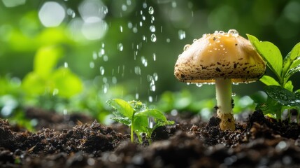 Poster - A close-up view of a mushroom in a lush garden with raindrops on its cap, showcasing nature's beauty after a refreshing rain shower