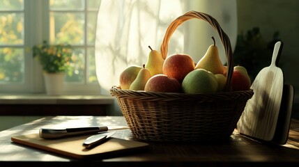Aufkleber - A rustic basket brimming with fresh apples and pears sits on a wooden table in a sunlit kitchen