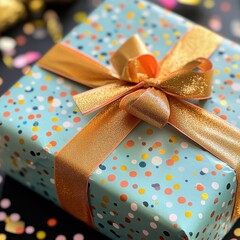 Poster - A beautifully wrapped birthday gift with colorful polka dots and an elegant golden ribbon in a festive setting