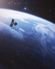 Poster - A detailed close-up illustration of a satellite orbiting Earth with vibrant planetary features, captured in a stunning cosmic environment