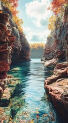 Poster - Stunning view of the Apostle Islands with clear waters and colorful autumn foliage reflecting in the tranquil landscape