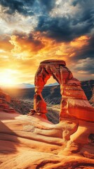 Poster - A stunning sunset view of Delicate Arch in Arches National Park showcasing vibrant colors and unique rock formations in the evening light