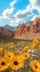 Aufkleber - A stunning overlook of Red Rock Canyon with vibrant wildflowers under a bright blue sky