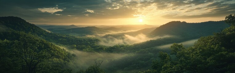 Poster - A stunning sunset over the Ozark Mountains with mist rising from the lush valleys and gentle hills