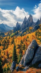Poster - A stunning autumn landscape featuring the Cathedral Spires rising majestically above vibrant forested hills