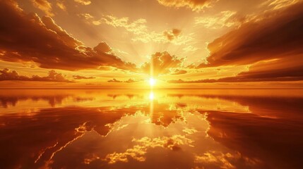 Poster - Spectacular sunset reflecting on calm water, capturing vibrant colors and serene clouds at dusk over a tranquil lake