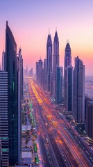 Poster - A stunning skyline view of Dubai at dusk showcasing towering skyscrapers and bustling traffic along the main roadway