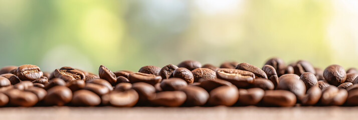 This image features an abundance of dark roasted coffee beans spread across a flat wooden surface, with soft, natural lighting highlighting their rich textures and tones.