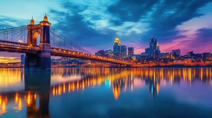 Poster - Breathtaking Cincinnati skyline reflecting on the river at dusk with vibrant colors illuminating the city