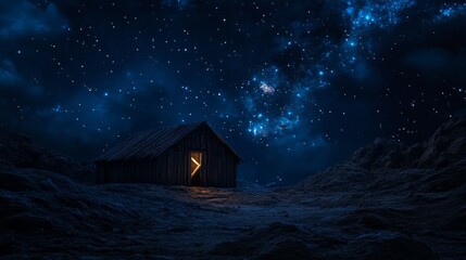 Poster - A small cabin is lit up by a small light