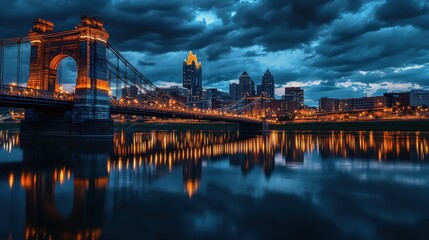 Aufkleber - Cincinnati skyline illuminated at dusk with reflections in the river and dramatic clouds above