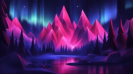 Poster - A glowing aurora borealis stretching across a night sky with jagged mountain silhouettes.