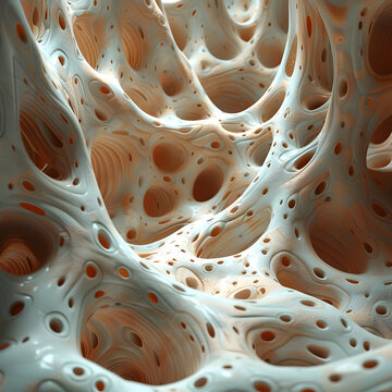 Abstract 3D rendering of a porous, organic structure with a creamy, off-white and peach color scheme.