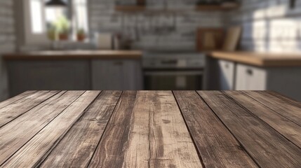 Poster - A wooden table with a view of a kitchen
